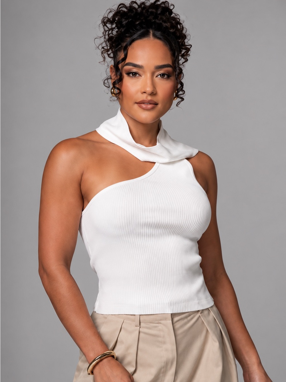 JLUXLABEL Ribbed Knit One Shoulder Top |  Off White L (NWT)